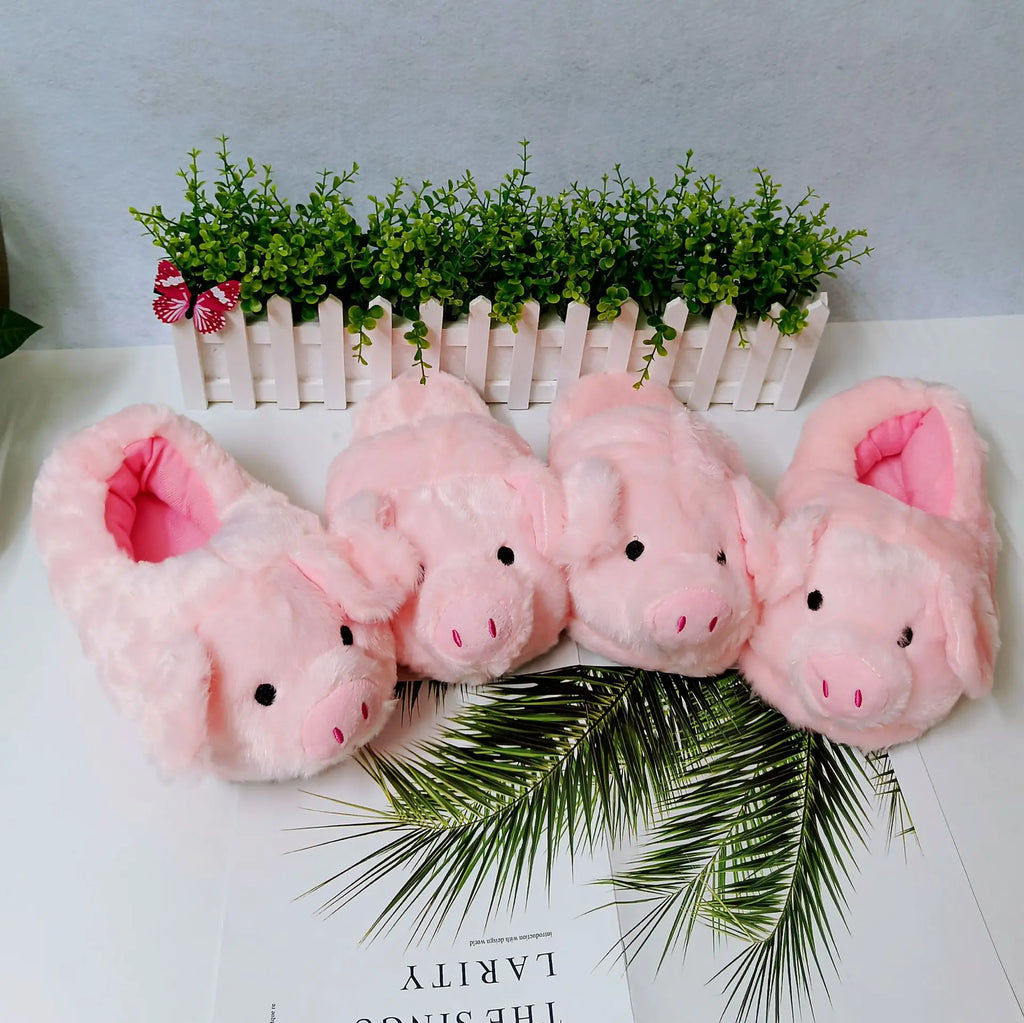Cartoon Pig Fluffy Slippers – Women's Pink Slip-On Slides Novelty Slippers Axl