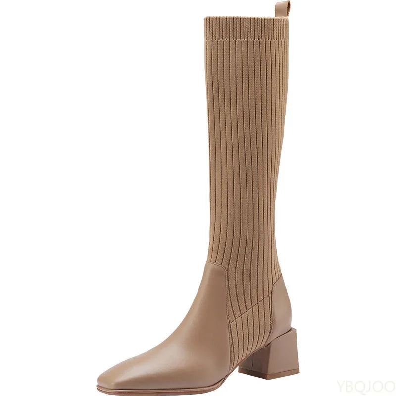 Women's Knee-High Sock Boots | Square Toe Block Heel Knee-High Sock Boots Axl