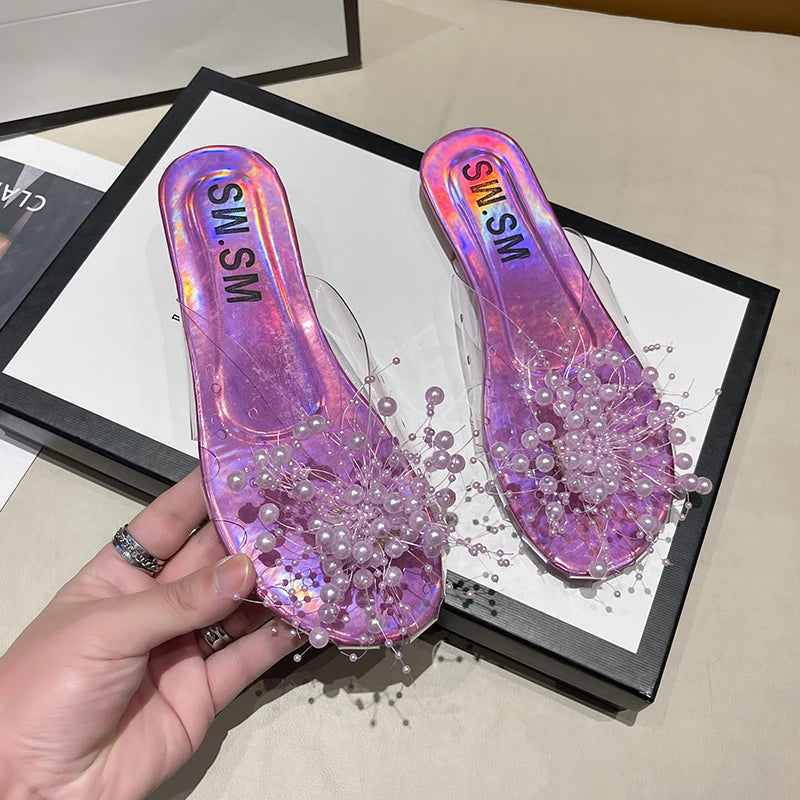 Women's Pearl Flat Slippers – Elegant Transparent Beach Slides Women's Flat Slippers Axl 36 Lavender