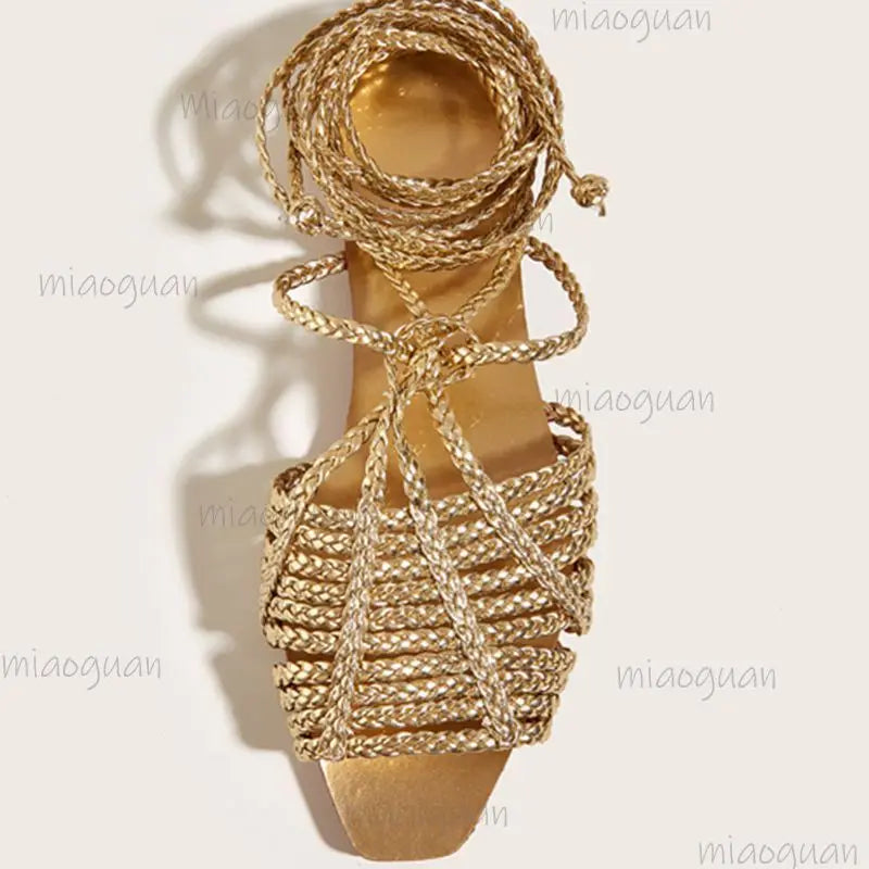 Women's Retro Cross-Tie Gladiator Flat Sandals – Gold Woven Gladiator Flat Sandals Axl