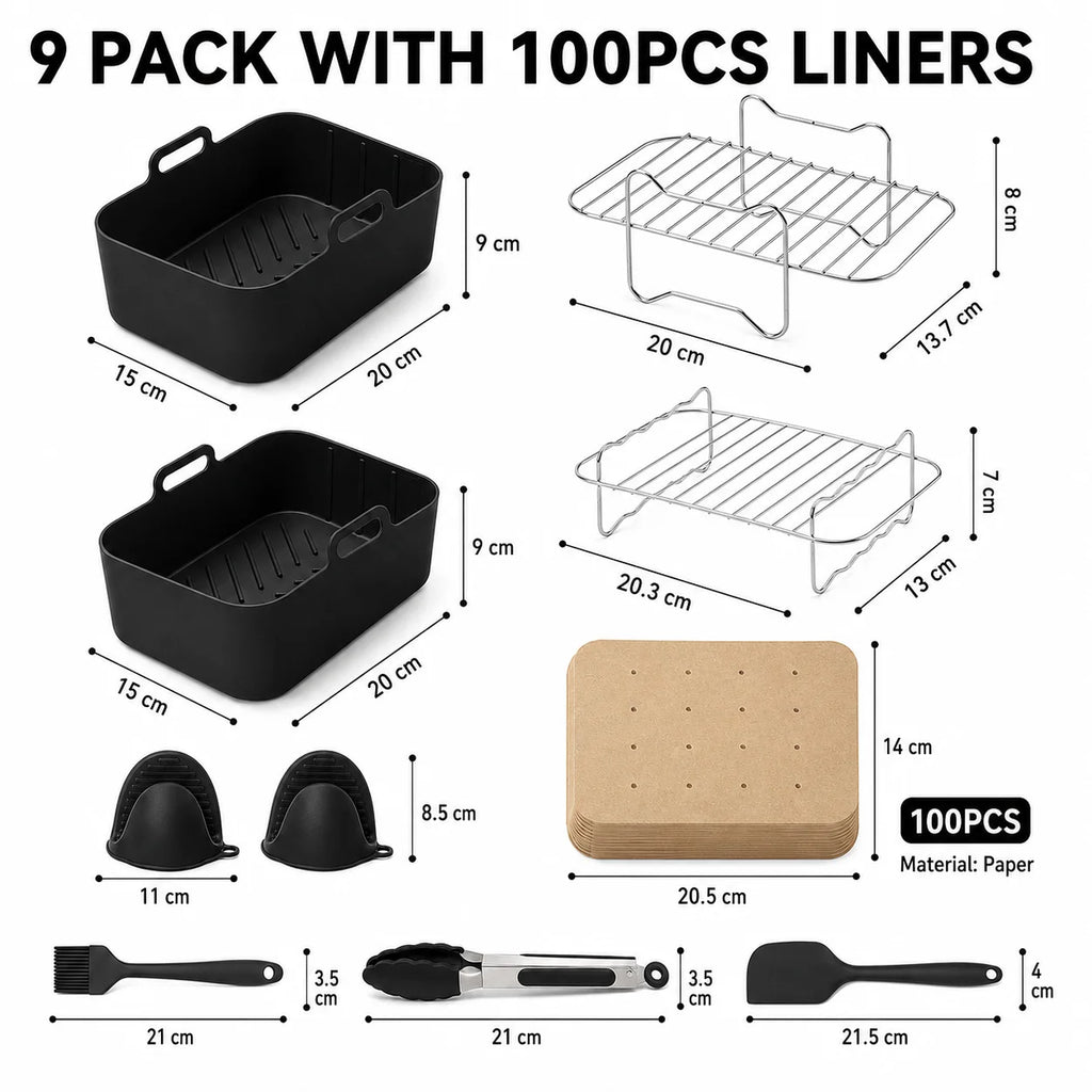 Air Fryer Accessories Set – Silicone Liners, Racks & Baking Tools Air Fryer Accessory Set Axl 9 PACK-100Pcs Liners