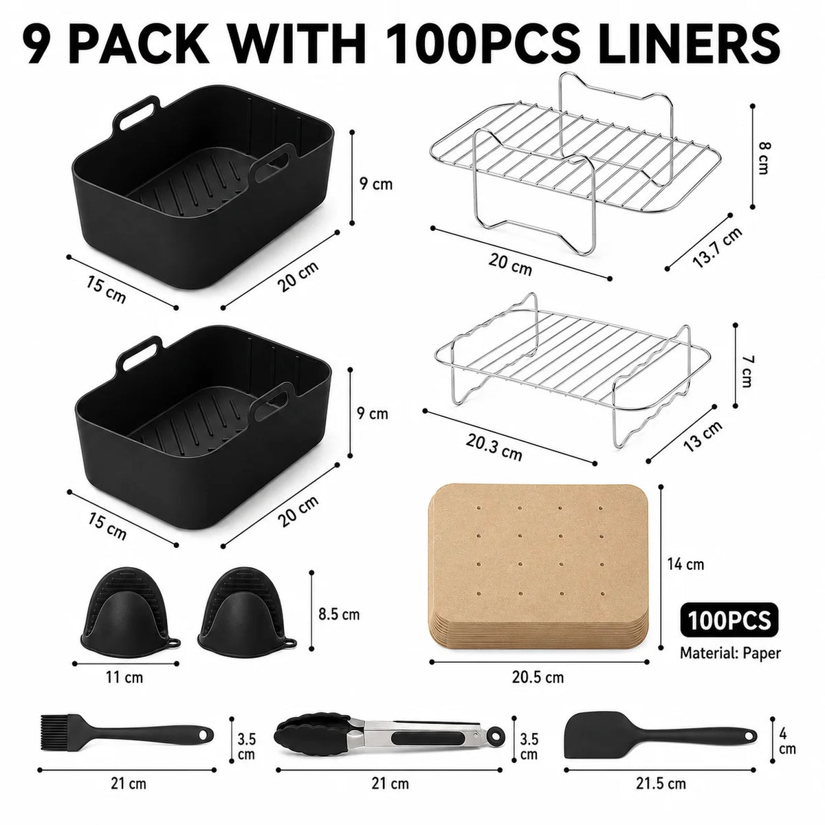 Air Fryer Accessories Set – Silicone Liners, Racks & Baking Tools Air Fryer Accessory Set Axl 9 PACK-100Pcs Liners