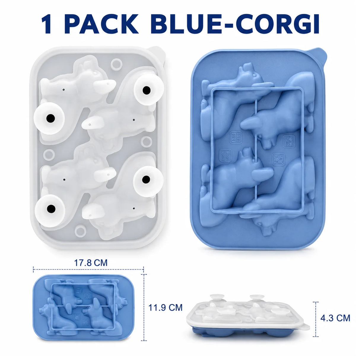 3D Corgi Dog Silicone Ice Cube Tray | Large Novelty Ice Mold Silicone Ice Mold Axl 1 PACK Blue-Corgi