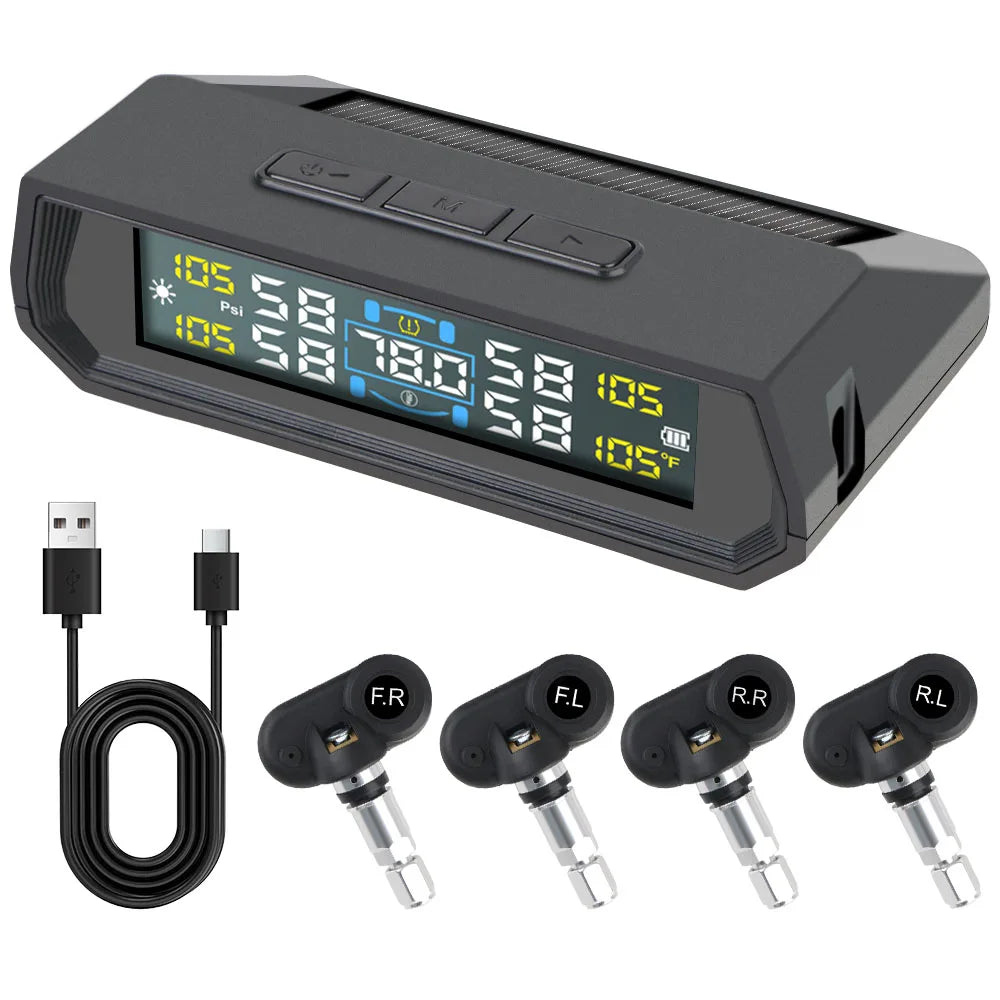 Solar TPMS Car Tire Pressure Monitor – 4 External Sensors Tire Pressure Monitor Axl T17 Built-in
