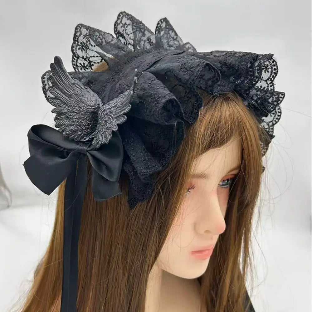 Gothic Lolita Wings Lace Headband – Ruffled Rivet Hairband Lace Hair Headband Axl