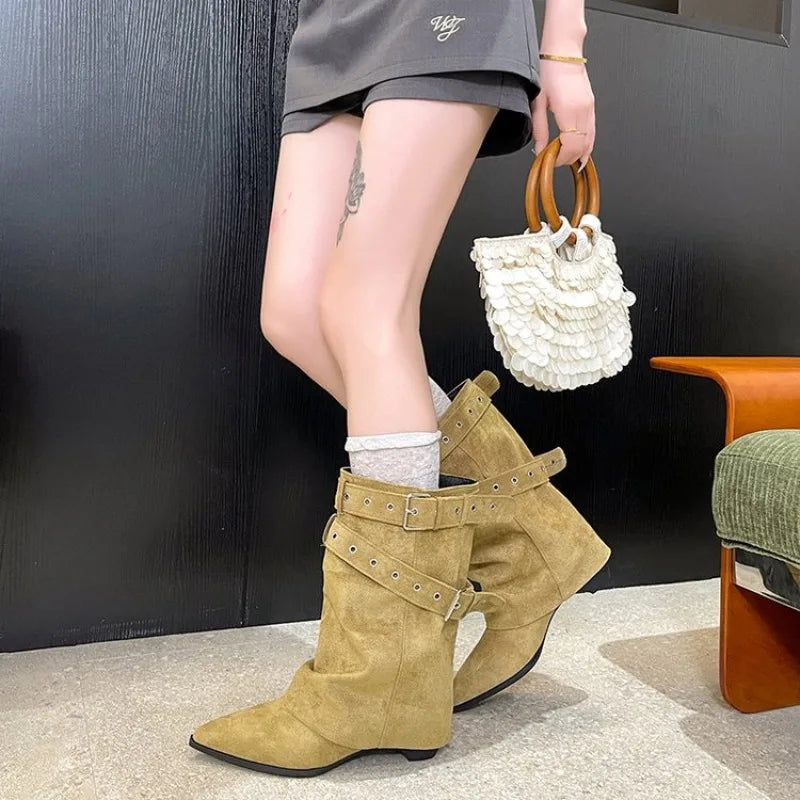 Women's Pointed Toe Mid-Calf Boots | Square Heel Slip-On Women's Fashion Boots Axl