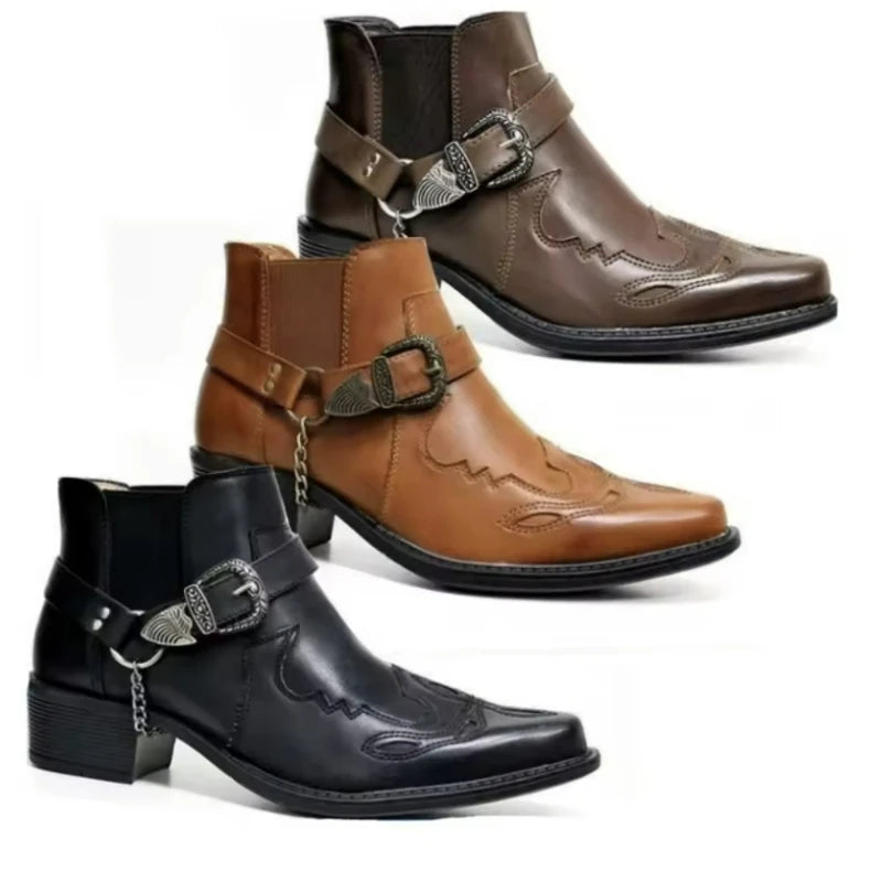 Men's Vintage Cowboy Boots | Pointed Toe Buckle Strap Men's Cowboy Boots Axl