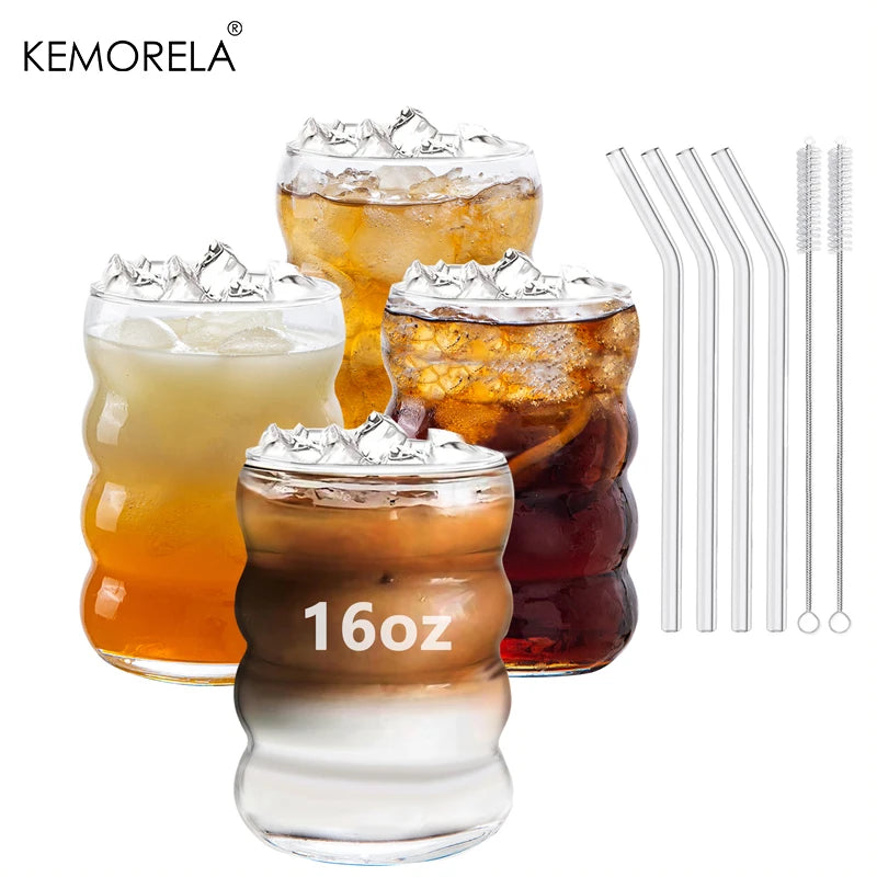 KEMORELA 16oz Glass Tumblers with Straws – Set of 4 Glass Tumbler Set Axl 4PCS 301-400ml