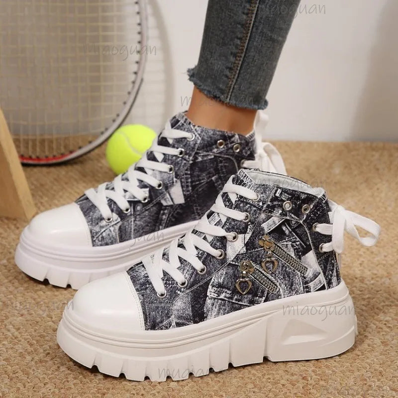 Women's Canvas Denim High-Top Sneakers – Thick Platform Sole Canvas High-Top Sneakers Axl