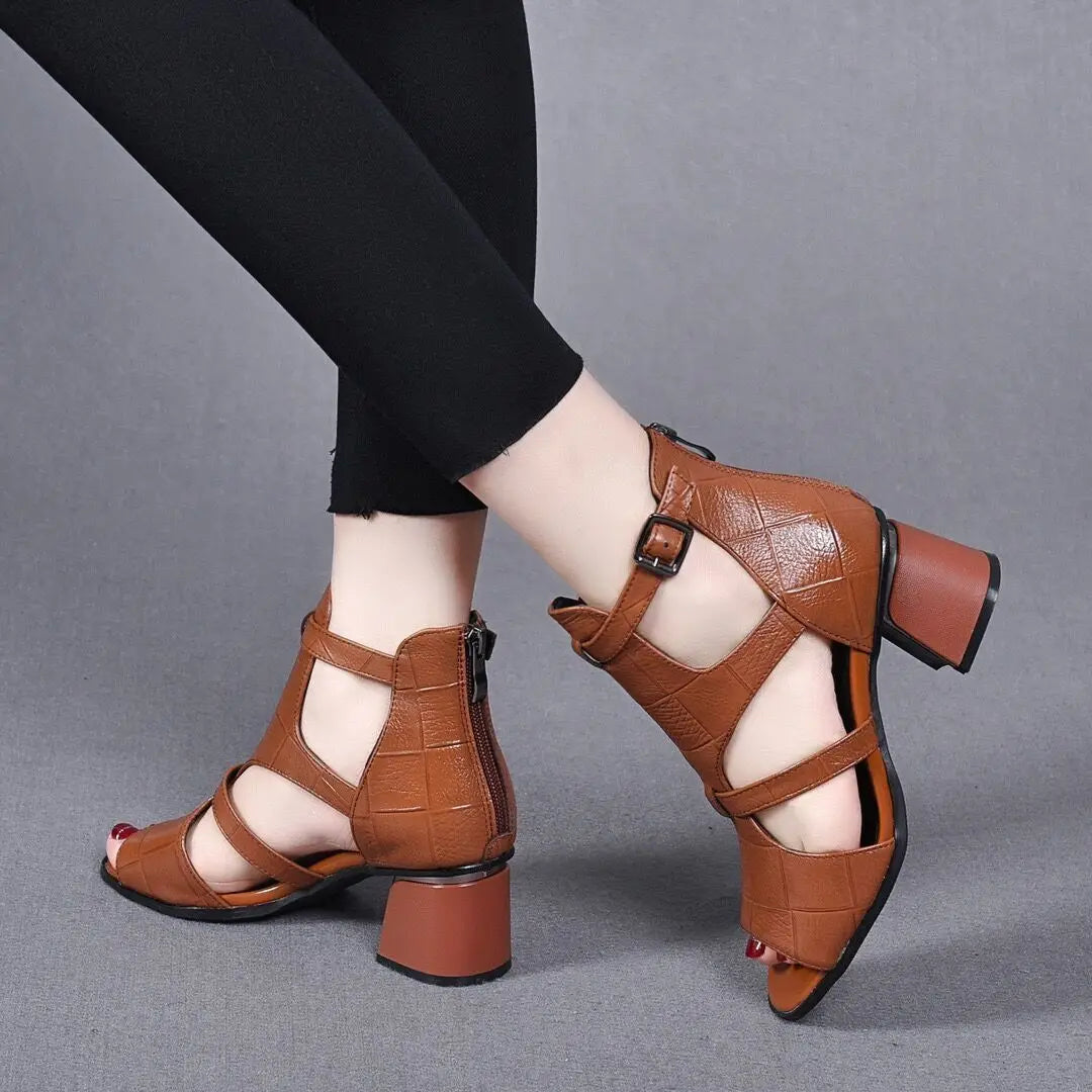 Women's Chunky Heel Open Toe Sandals – Back Zip Roman Style Heeled Sandals Axl