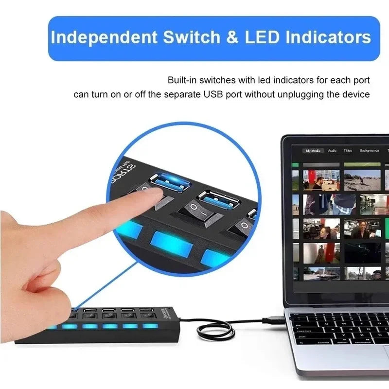 7-Port USB 2.0 Hub with Individual Switches & Power Adapter USB Hub Axl