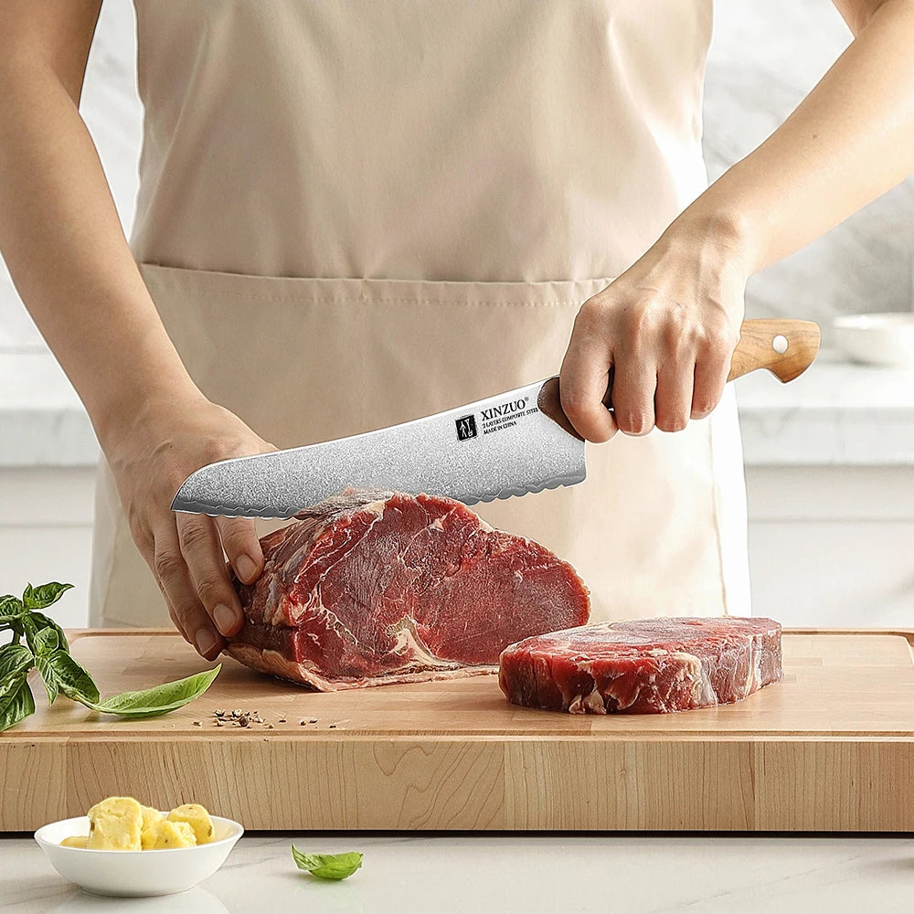 XINZUO 8-Inch Composite Steel Frozen Food Knife – Olive Wood Frozen Food Knife Axl