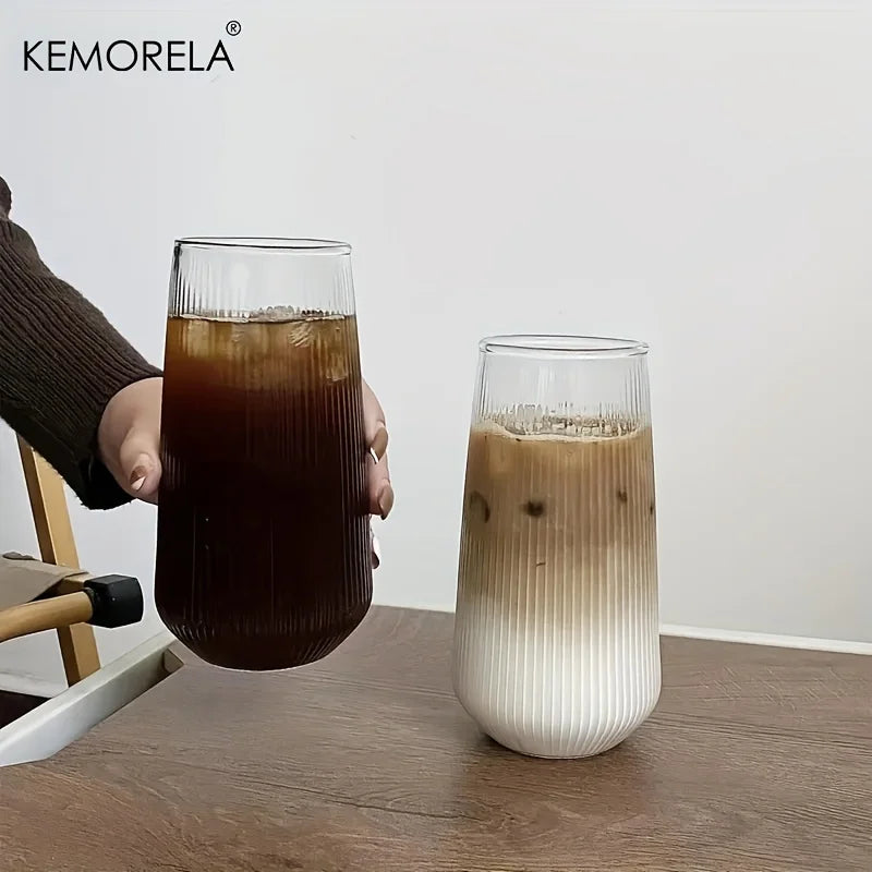 KEMORELA Vertical Striped Glass with Lid & Straw | 1 or 2 Pack Striped Drinking Glass Axl