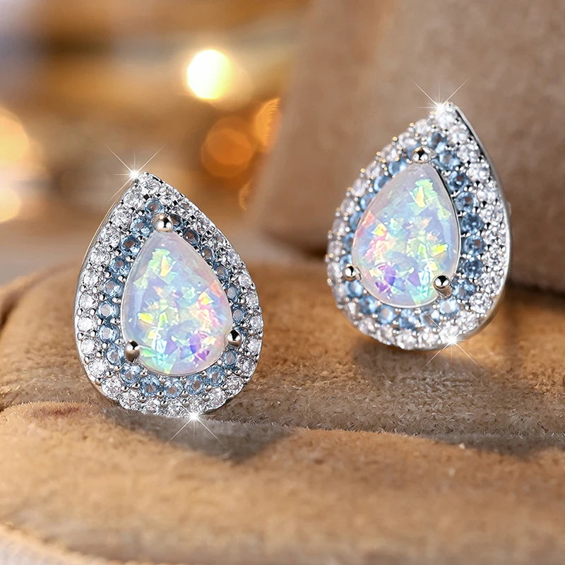 Huitan Opal Teardrop Stud Earrings – Bohemian CZ Women's Studs Stud Earrings Axl