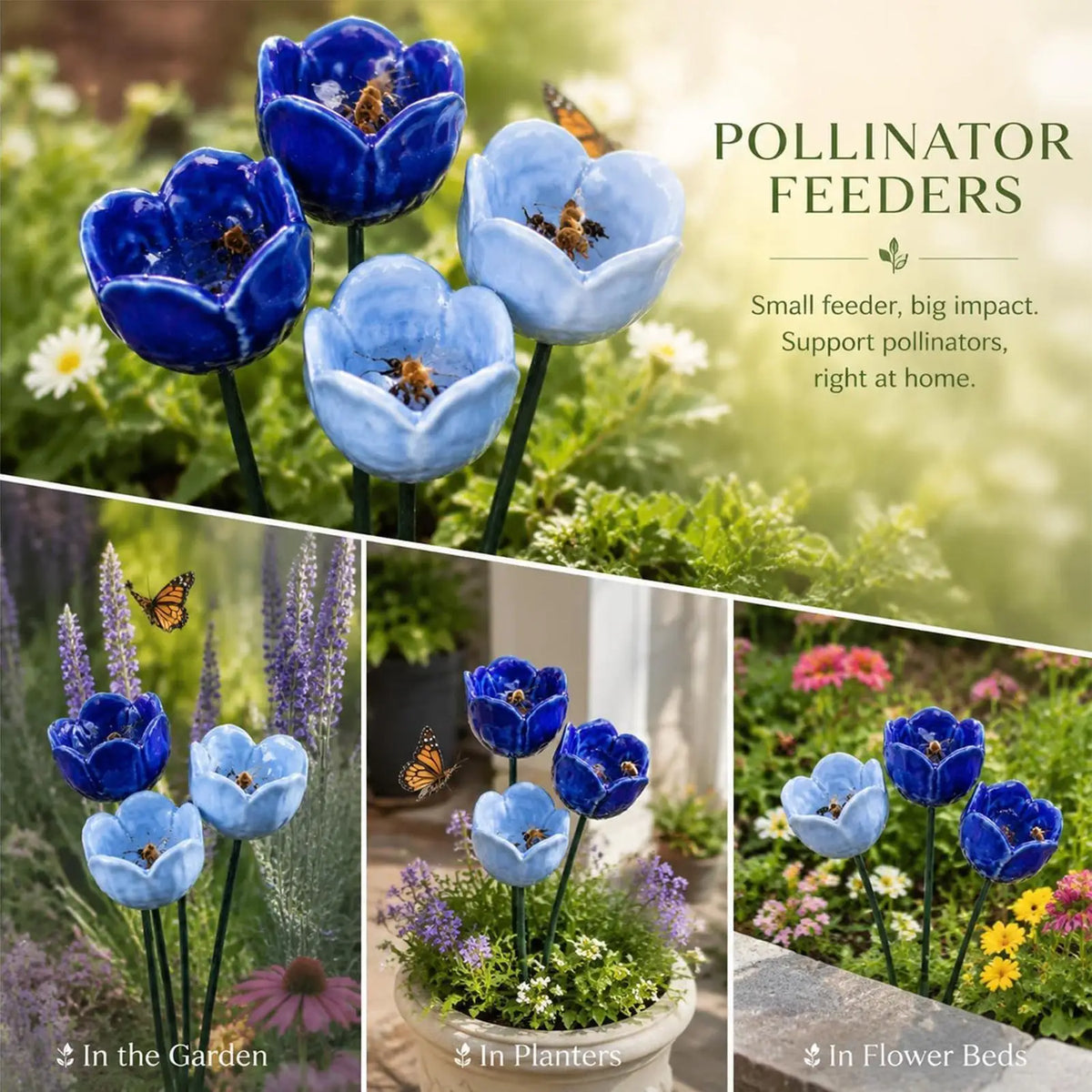 Flower Shaped Bee Watering Station Garden Stake Set of 4 Garden Bird Bath Axl