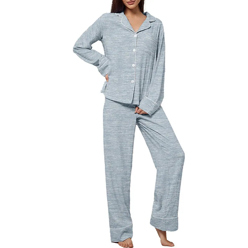 Women's Lapel Pajama Set – 2-Piece Long Sleeve Loungewear Women's Pajama Set Axl blue-1 S