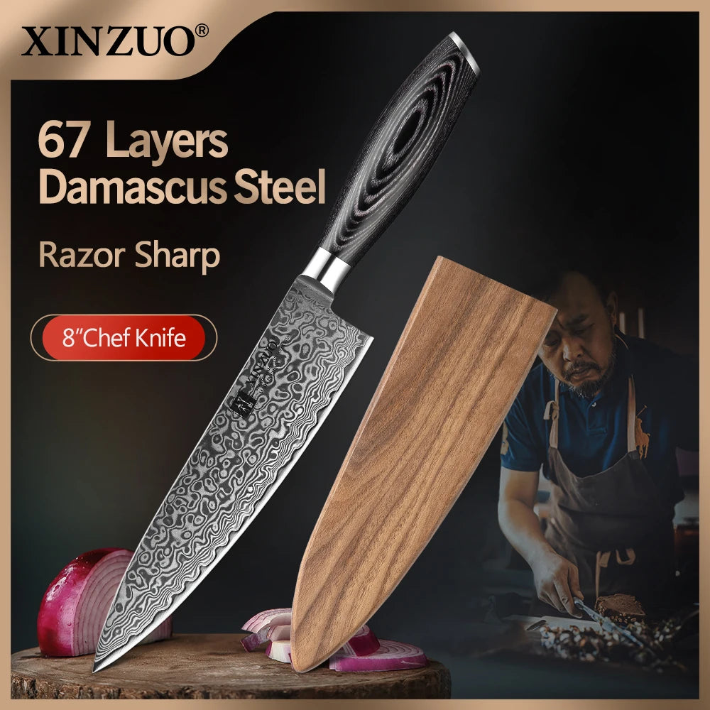 XINZUO 8" Damascus VG10 Chef Knife – 67-Layer Pakkawood Handle Damascus Chef Knife Axl