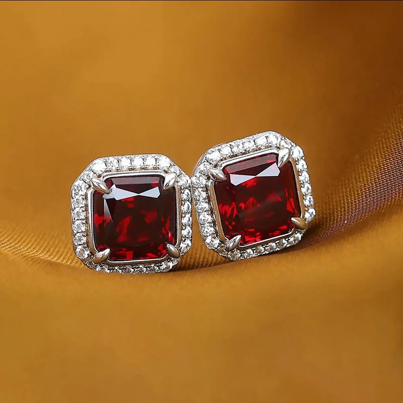 Huitan Red Cubic Zirconia Square Stud Earrings | Silver Tone Stud Earrings Axl