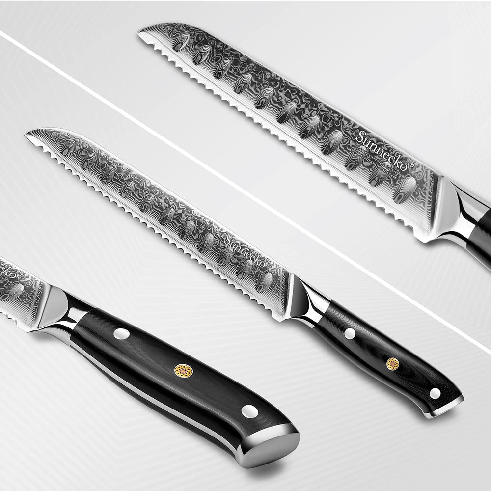 Sunnecko 8" Damascus Steel Bread Knife – 73-Layer VG10 Serrated Serrated Bread Knife Axl