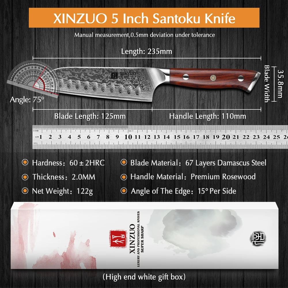 XINZUO 5" Damascus Santoku Knife – 67-Layer Rosewood Handle Damascus Kitchen Knife Axl