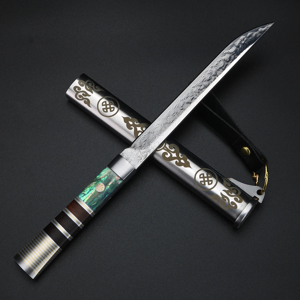 XUAN FENG Damascus Steel Fruit Knife with Wood Handle & Sheath Damascus Kitchen Knife Axl