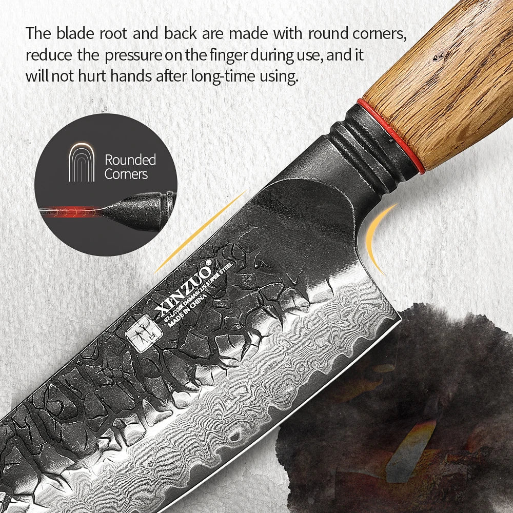XINZUO Damascus Santoku Knife 5.7" – 67-Layer Steel & Oak Handle Santoku Kitchen Knife Axl