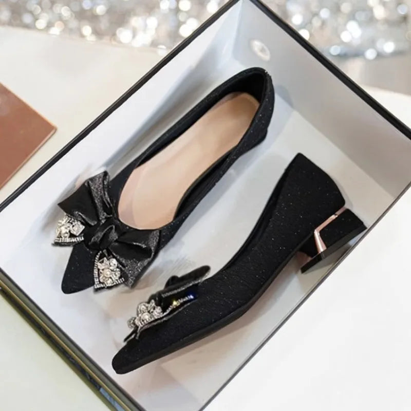 Women's Butterfly Knot Square Heel Pointed Toe Slip-On Shoes Square Heel Pumps Axl