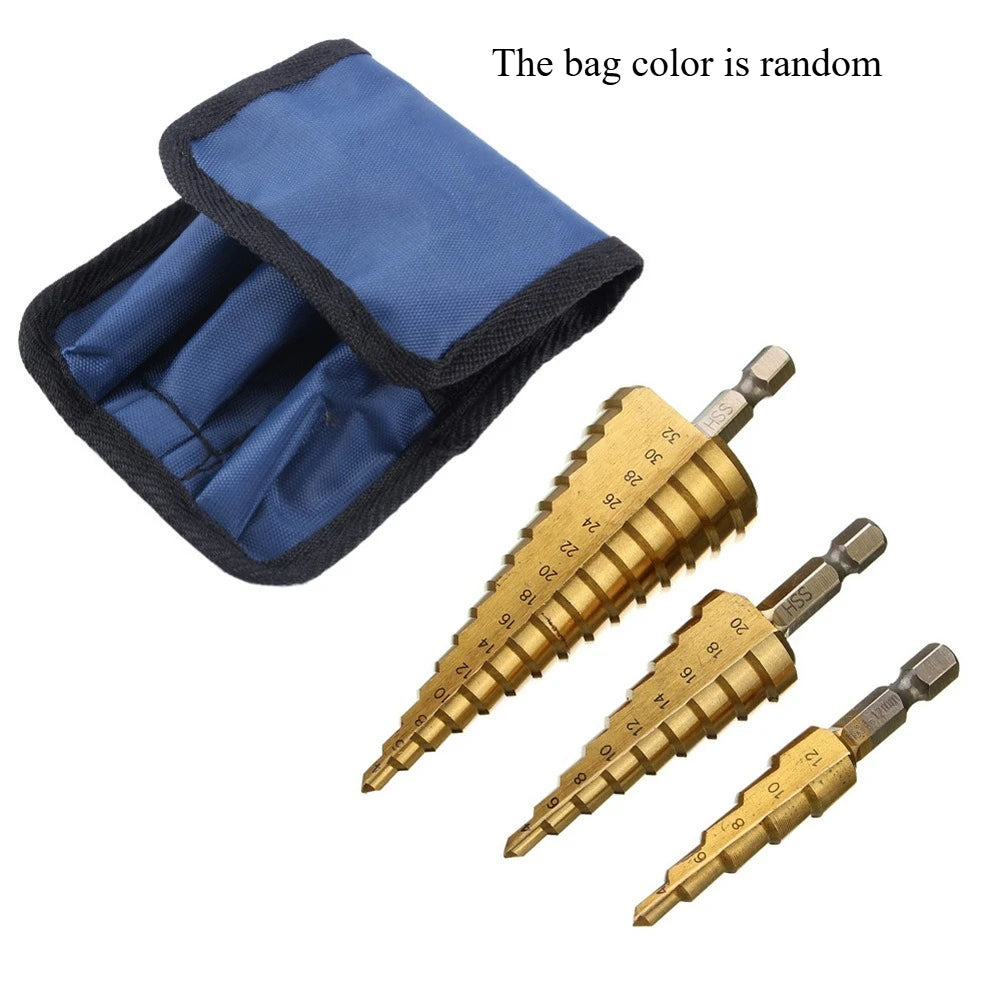 3-Piece Titanium Step Drill Bit Set – 4-12/4-20/4-32mm Hex Step Drill Bit Set Axl Big 3PCS cloth bag