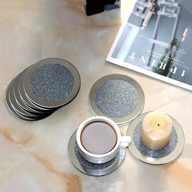 Rhinestone Mirror Glass Cup Coaster – Silver Luxury Mat Decorative Coaster Axl