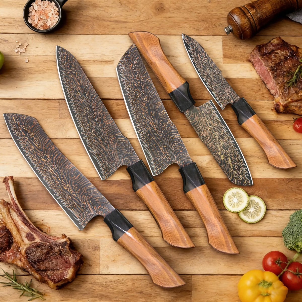 37-Layer Damascus Steel Kirisuke Chef Knife | Tricolor Copper Damascus Chef Knife Axl