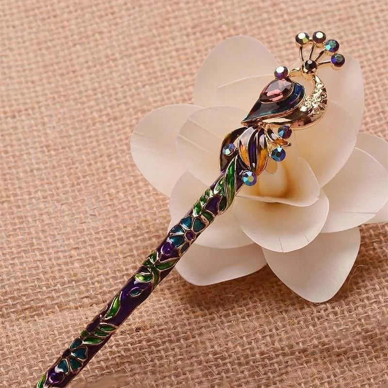 Retro Peacock Enamel Crystal Hair Stick Pin – Chinese Style Hair Stick Pin Axl