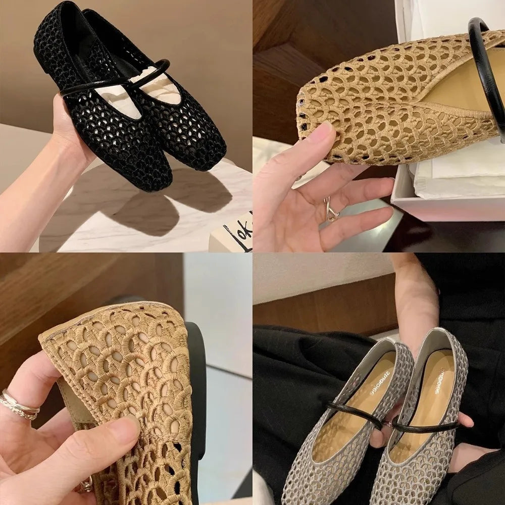 Women's Cut-Out Mary Jane Flats – Woven Fishnet Square Toe Mary Jane Flats Axl