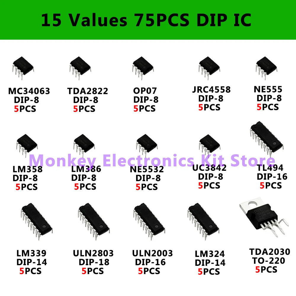 75PCS 15-Value DIP IC Kit – NE555, LM358, LM386 & More IC Component Kit Axl Default Title