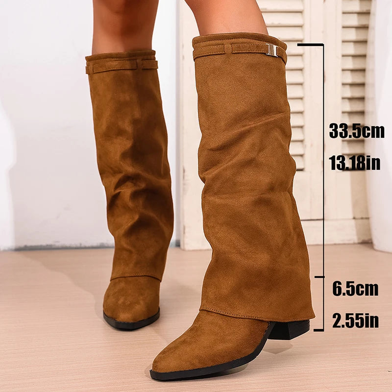 Women's Slip-On Knee High Boots – Pointed Toe Block Heel Knee High Boots Axl