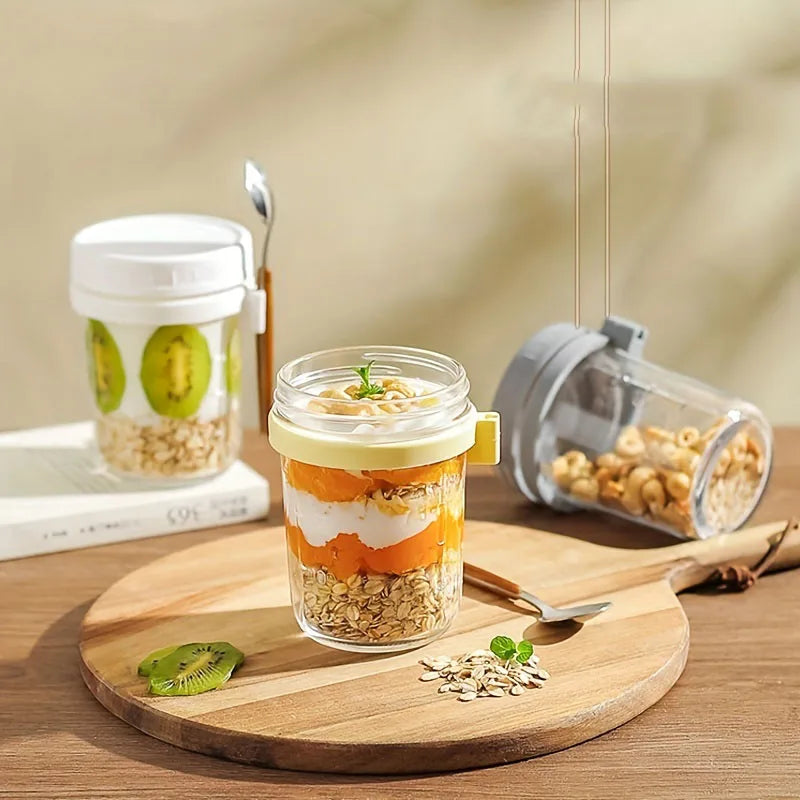 KEMORELA Overnight Oats Glass Cup with Spoon | Mason Tumbler Glass Meal Prep Cup Axl