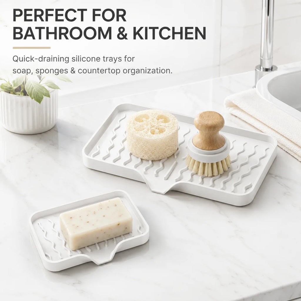 2-Pack Silicone Soap Dish Self-Draining Holder & Sponge Tray Soap Dish Set Axl