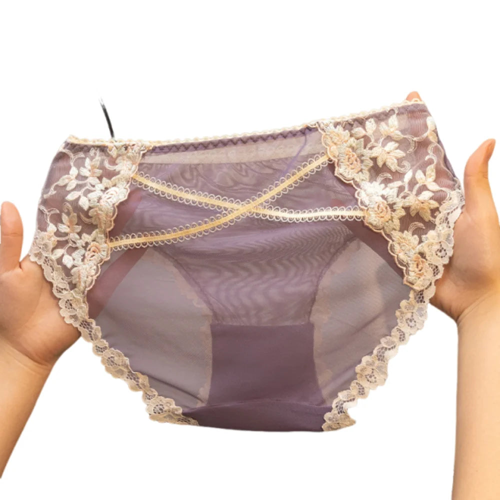 Women's Floral Lace Briefs – Breathable Mesh Embroidery Panties Lace Briefs Axl Purple XXXS 1pc