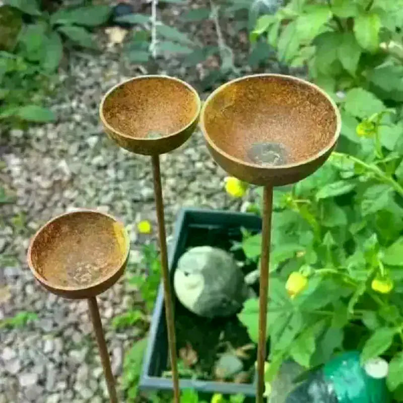 3-Piece Rustic Metal Rain Catcher Garden Stakes | Aged Bronze Garden Stake Ornament Axl
