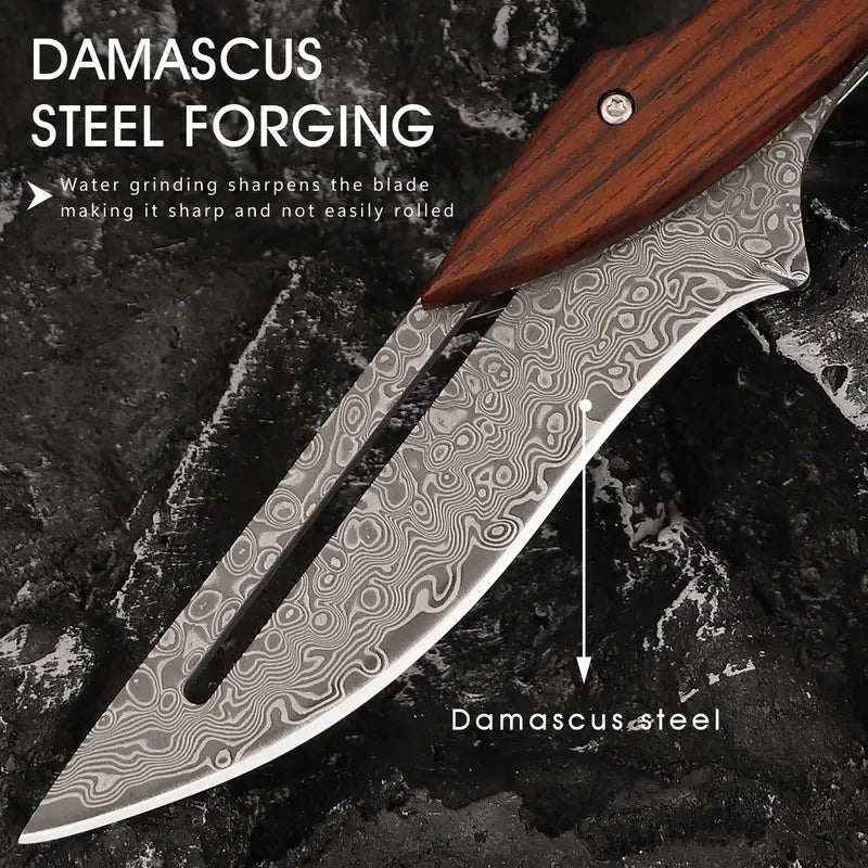 Damascus Steel Folding Pocket Knife – Wood Handle | 8.9" Blade Folding Pocket Knife Axl