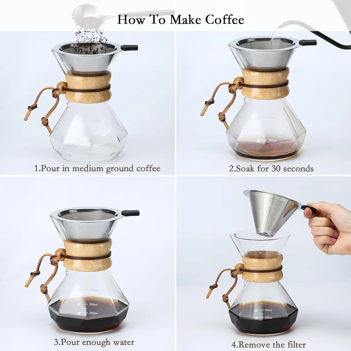 Pour-Over Glass Coffee Maker | Stainless Steel Filter & Wooden Collar Pour-Over Coffee Maker Axl