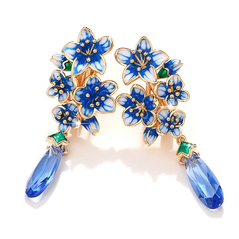 Huitan Blue Morning Glory Drop Earrings – Gold Floral Jewelry Drop Earrings Axl E2220