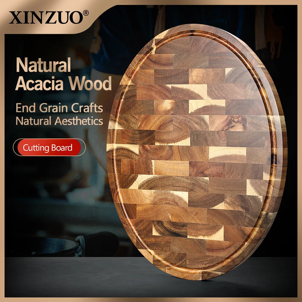 XINZUO Acacia Wood End Grain Round Cutting Board | Non-Slip Wood Cutting Board Axl