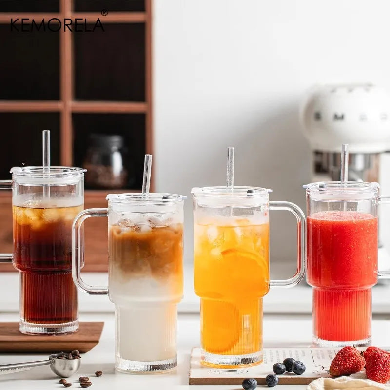 KEMORELA 750ml Glass Tumbler with Handle, Lid & Straw Glass Tumbler Axl