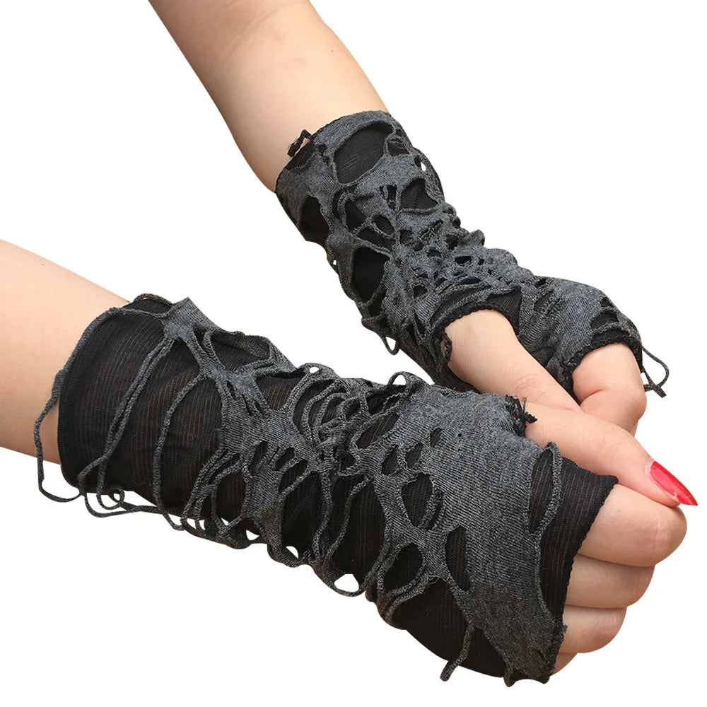 Gothic Black Fingerless Gloves – Punk Ripped Halloween Cosplay Fingerless Gloves Axl