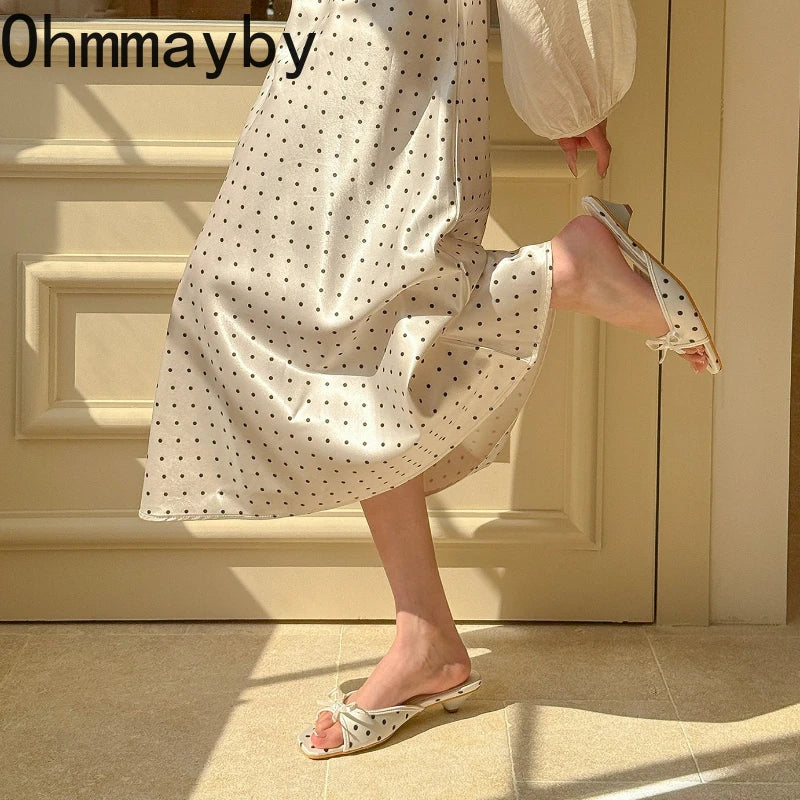 Women's Satin Polka Dot Slide Slippers with Bow & Low Heel Slide Slippers Axl