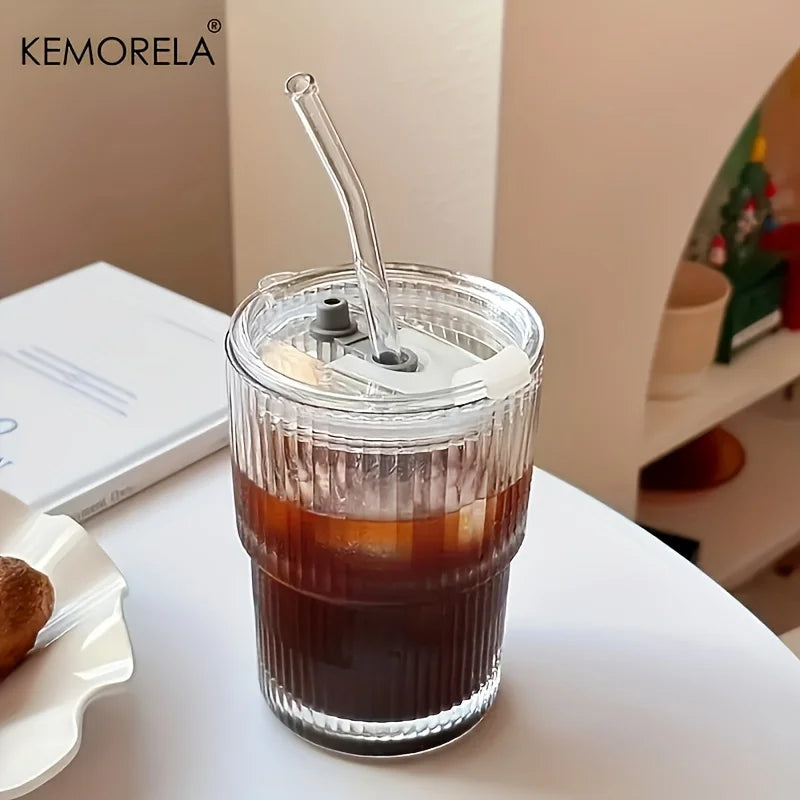 KEMORELA 450ml Stripe Glass Cups with Lid & Straw | 4/6 Pack Glass Drinkware Set Axl