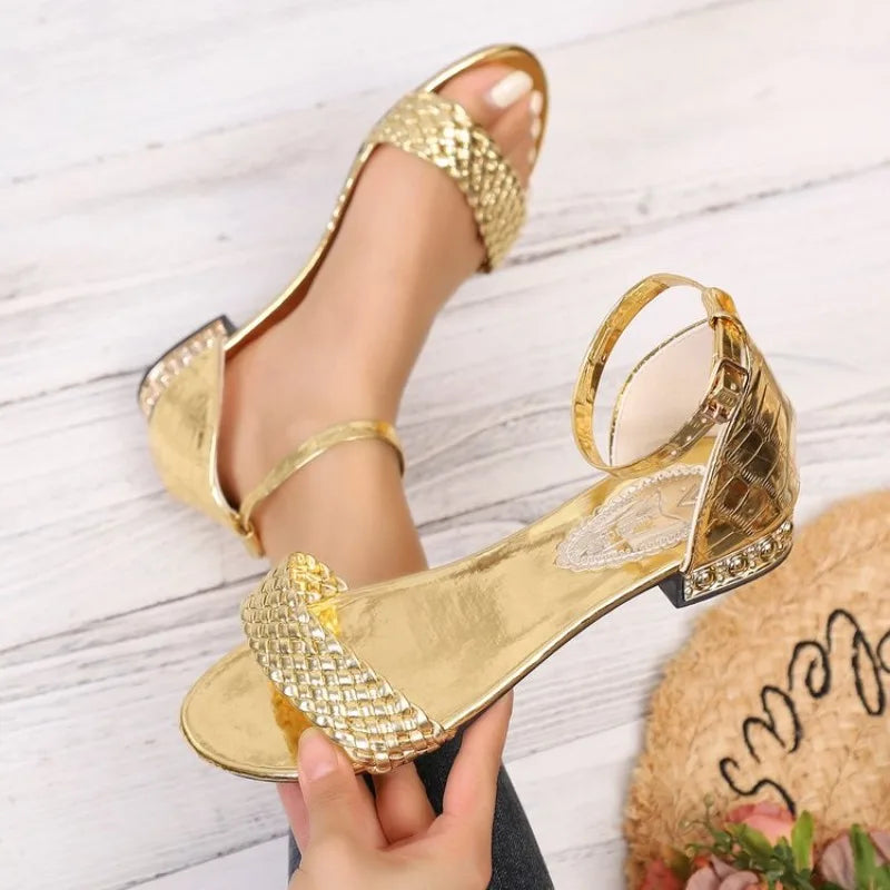 Women's Woven Ankle Buckle Gladiator Sandals – Casual Flat Women's Sandals Axl 41 Gold