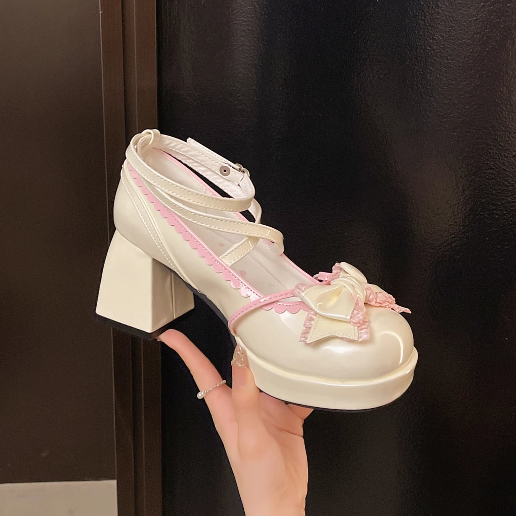 Women's Chunky Heel Mary Jane Pumps | Cross Ankle Strap Platform Platform Mary Jane Pumps Axl Beige pink 41