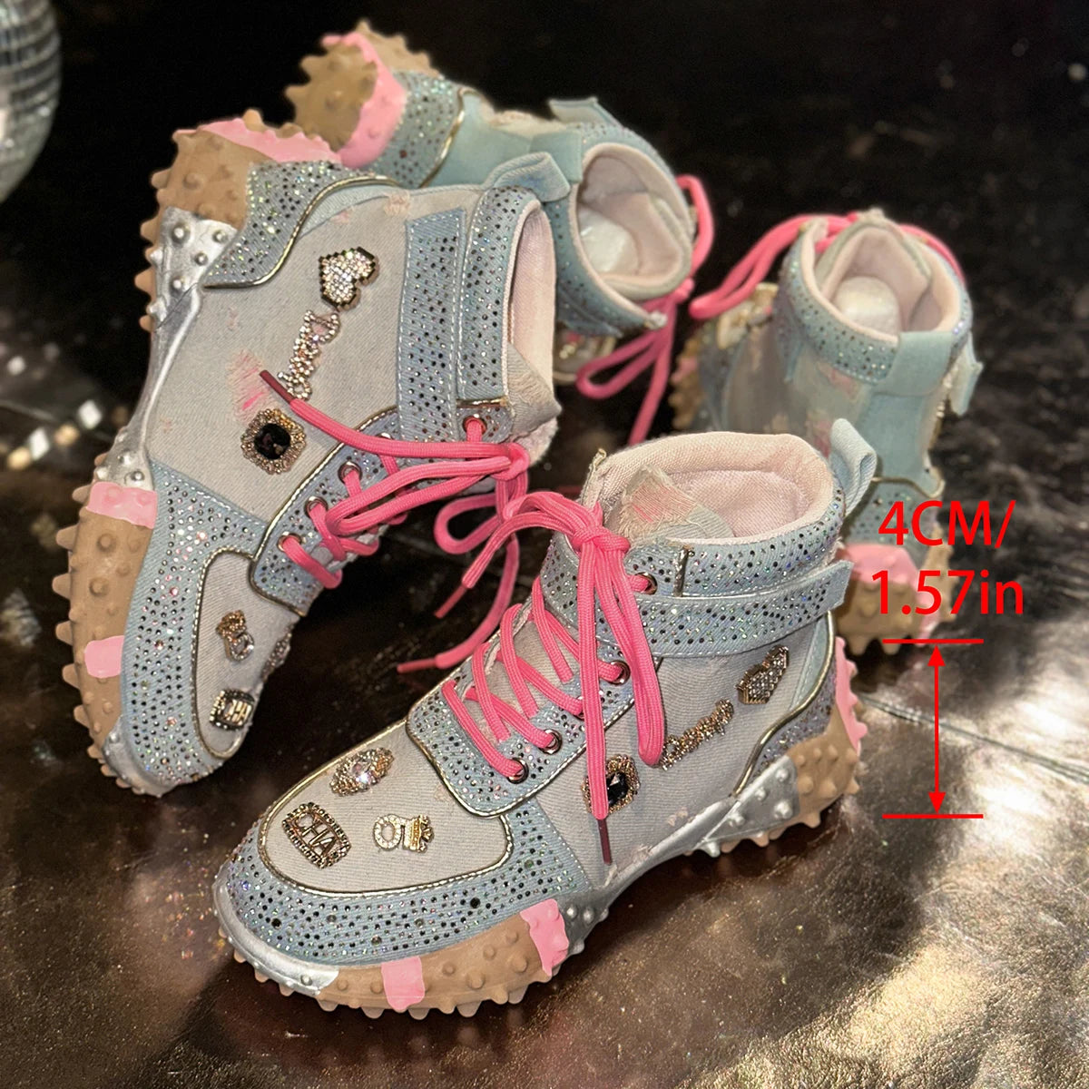 Women's Rhinestone High-Top Sneaker Boots – Thick Sole High-Top Sneaker Boots Axl Pink 43