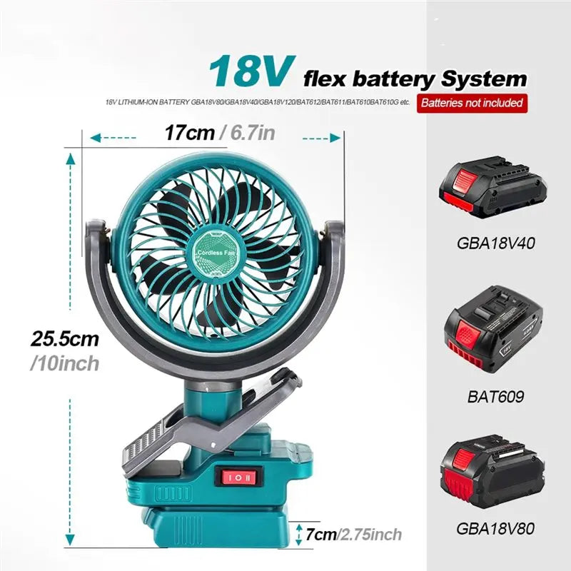 Cordless Clip Fan 18V Battery Dual USB 2-Speed – Camping & Work Cordless Clip Fan Axl